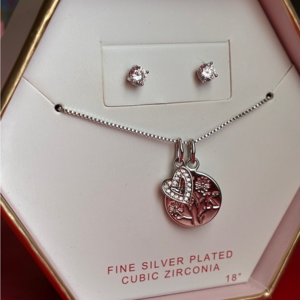 Silver Plated Cubic Zirconia Necklace and Earring Set, Necklace with initials K.